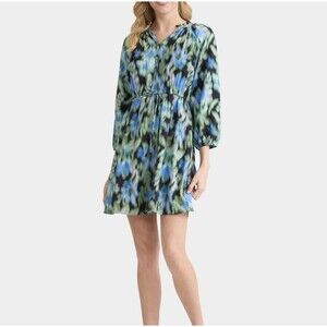 Time and Tru Women's XL Ruffle Neck Mini Dress Soft Floral Ikat Blue Green